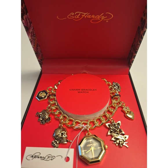 Ed Hardy Gold Tone Charm Bracelet Watch Skull Rose Tattoo Art NWT New in Box main image 4
